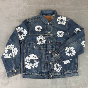 Levis x Denim Tears All Over Wreath Denim Jacket Mens Small Blue Dark Wash NWOT